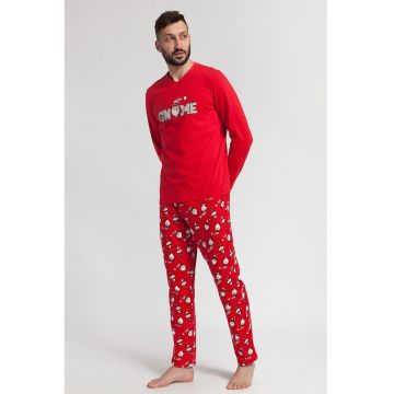 Pijama lunga de bumbac cu model tematic de Craciun Gnome