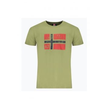 Tricou barbati cu decolteu la baza gatului si imprimeu cu logo - Verde militar