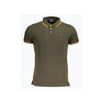 Tricou polo barbati cu logo si detalii contraste - din bumbac - Olive