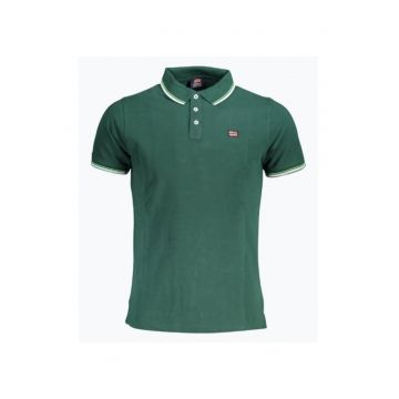 Tricou polo barbati cu logo si detalii contraste - din bumbac - Verde inchis