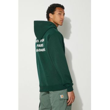 Drôle de Monsieur hanorac de bumbac Le Hoodie Slogan barbati, culoarea verde, cu glugă, cu imprimeu, PERM-HO162-CO127-DGN