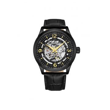 Ceas automatic cu cadran skeleton Danemarca de 42 mm - curea din piele - original STUHRLING - Ascot - negru