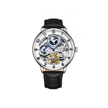 Ceas Dual Time cu cadran skeleton - automatic - 40 mm - cu curea din piele in relief cu aligator - original STUHRLING - elegant - argintiu