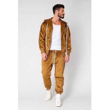 Set gros Hanorac cu fermoar si pantalon lung din catifea Brown 15035