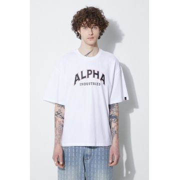 Alpha Industries tricou din bumbac College barbati, culoarea alb, cu imprimeu, 146501