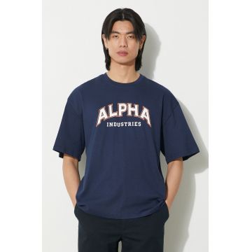 Alpha Industries tricou din bumbac College barbati, culoarea albastru marin, cu imprimeu, 146501