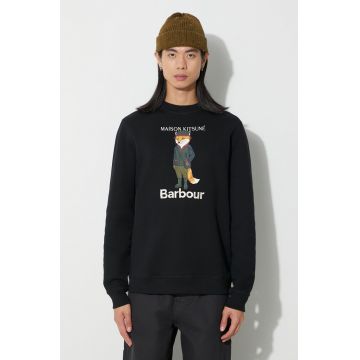 Barbour hanorac de bumbac X Maison Kitsune Fox Head Hoodie bărbați, culoarea maro, cu glugă, cu imprimeu, MOL0569