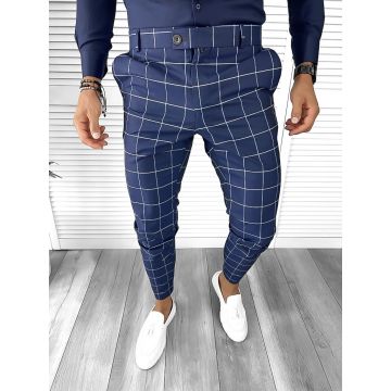 Pantaloni barbati casual regular fit bleumarin in carouri B7880 i1-3.2