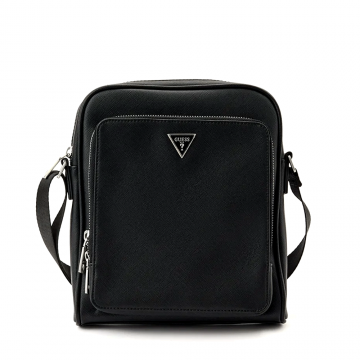 Geantă crossbody bărbați Guess neagră cu logo metalic frontal 929BGEAHMMISAN