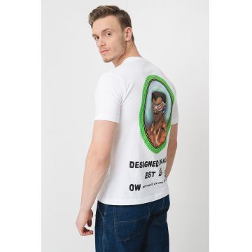 Tricou de bumbac cu imprimeu si decolteu la baza gatului