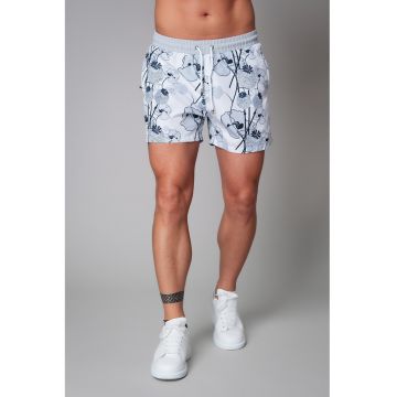 Pantaloni scurti de baie cu model floral si buzunare laterale cu fermoar